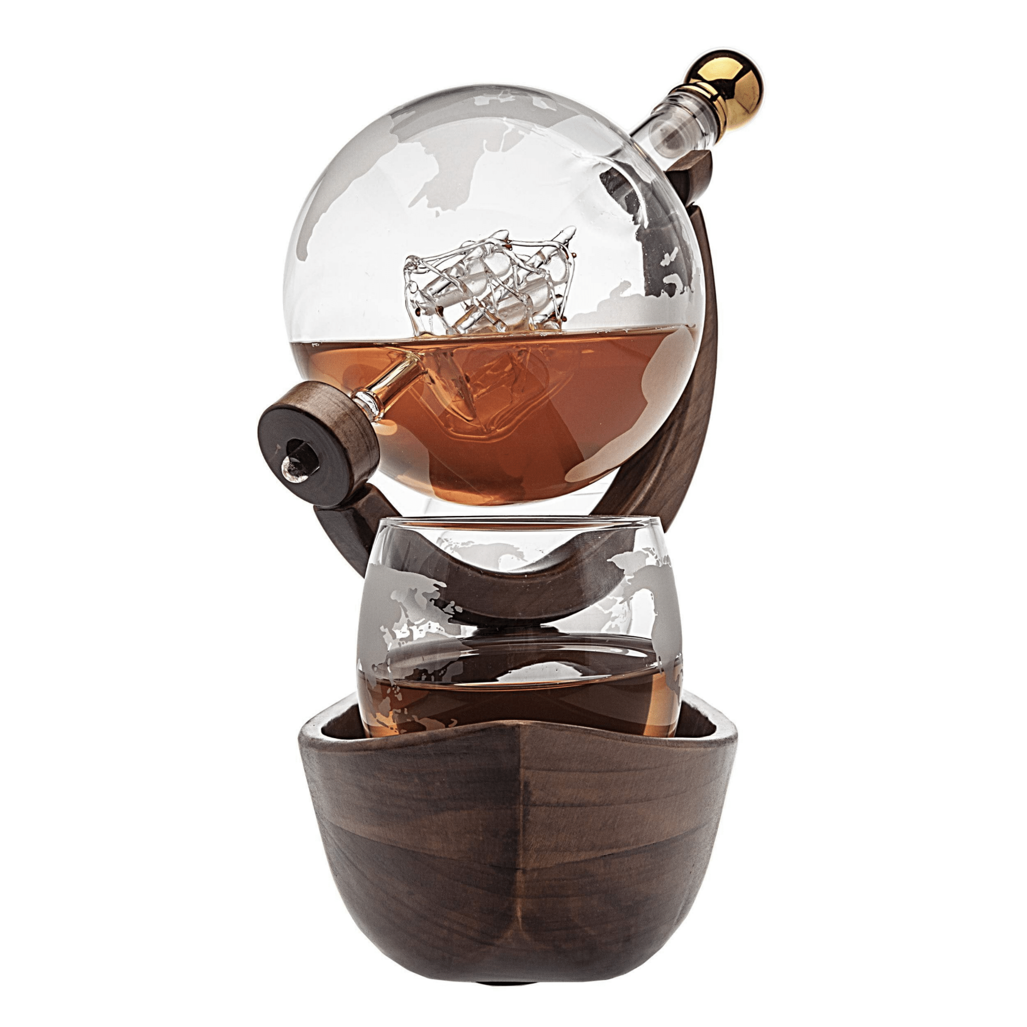 Globe Decanter Boat Set with 2 World Whisky Glasses
