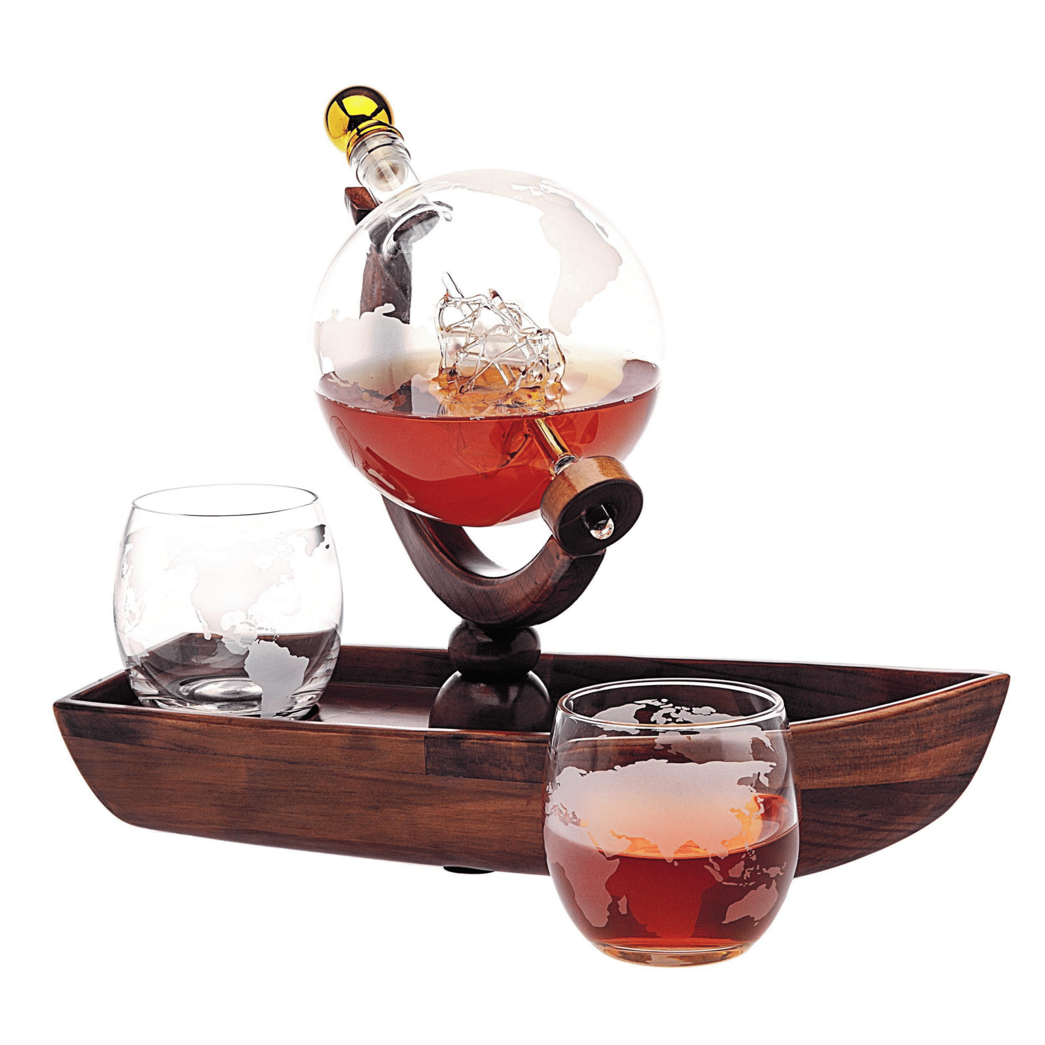 Globe Decanter Boat Set with 2 World Whisky Glasses