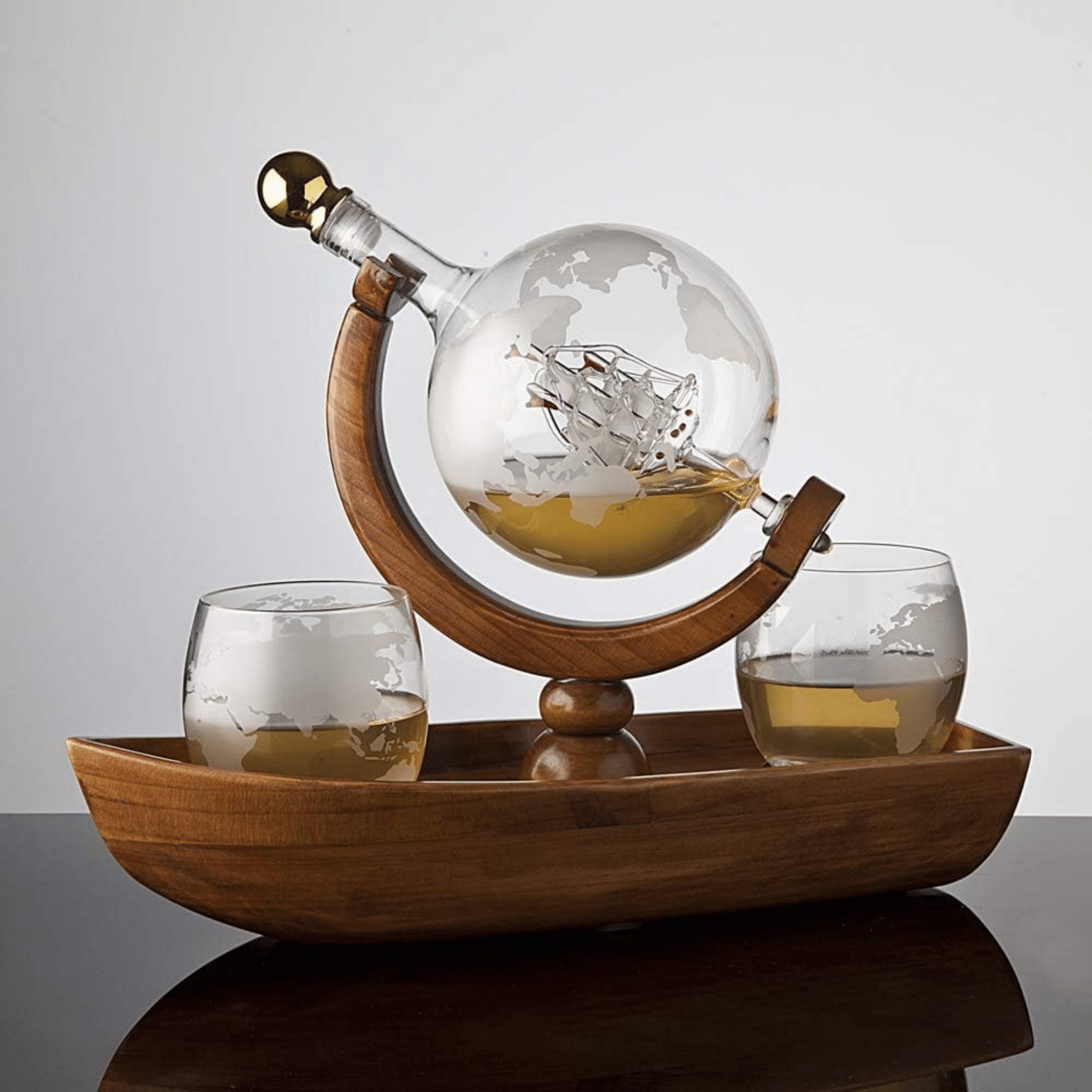 Globe Decanter Boat Set with 2 World Whisky Glasses