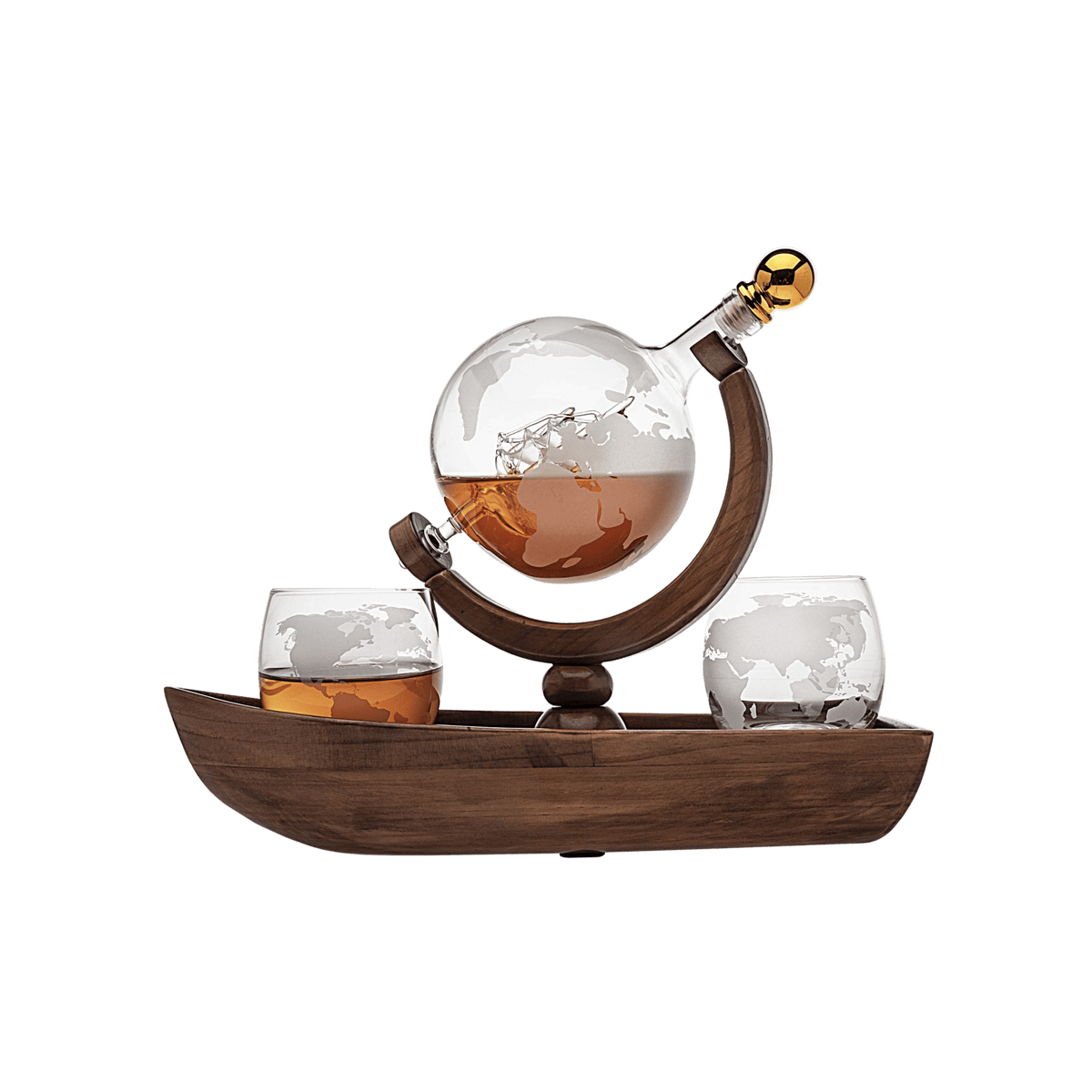 Globe Decanter Boat Set with 2 World Whisky Glasses