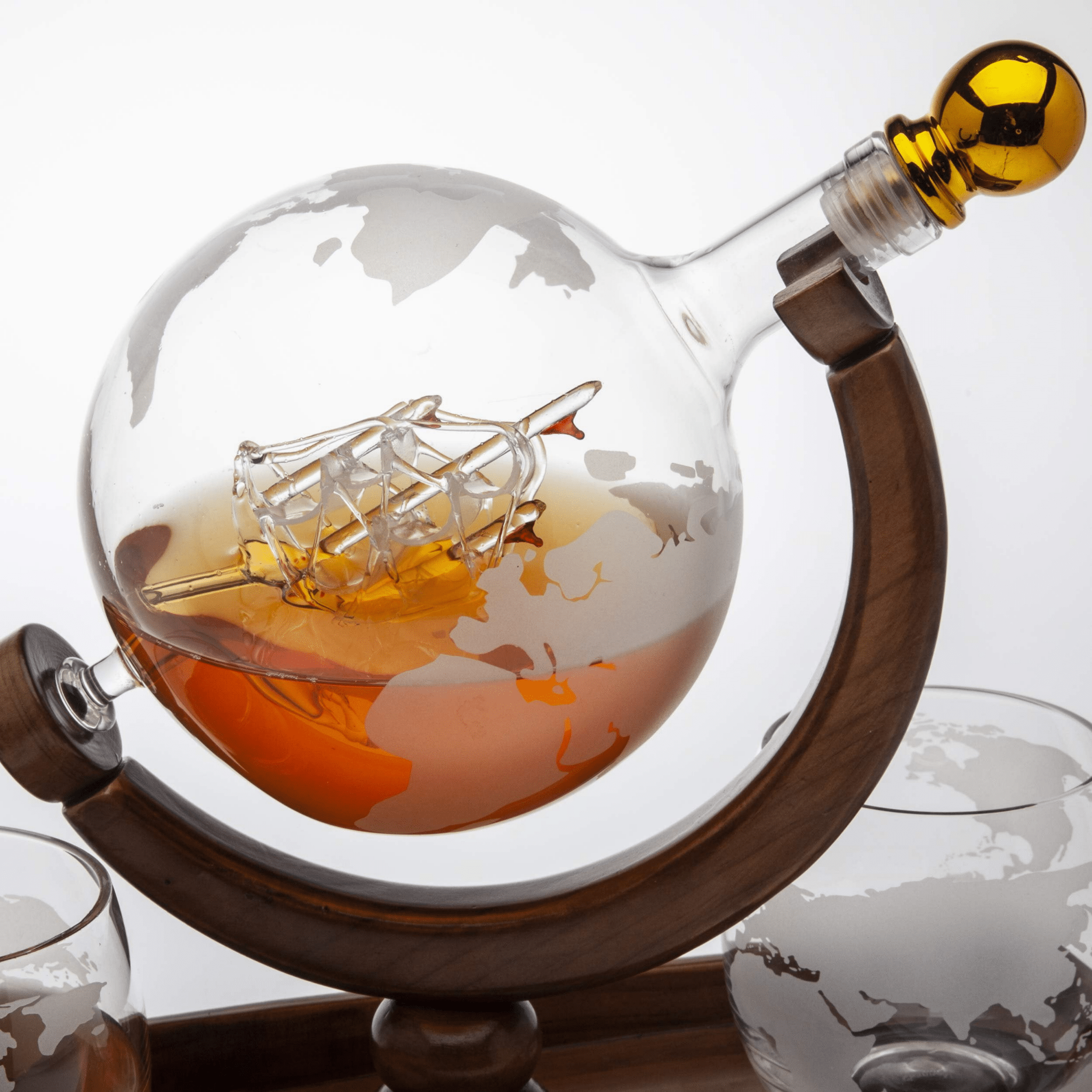 Globe Decanter Boat Set with 2 World Whisky Glasses